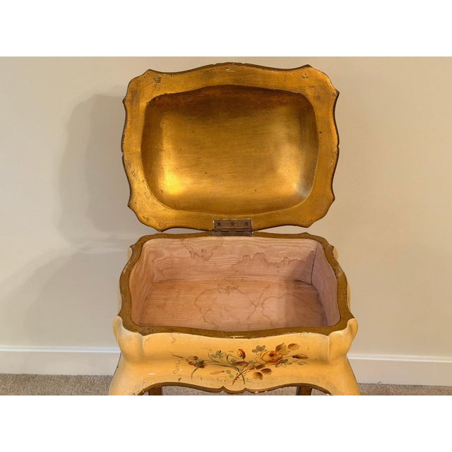 Yellow 1950s Italian Florentine Hand-Painted Sewing or Jewelry Box on Cabriole-Leg Stand For Sale - Image 8 of 18