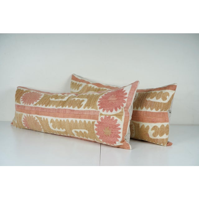 Mid-Century Modern Uzbek Suzani Lumbar Pillows - A Pair For Sale - Image 3 of 4