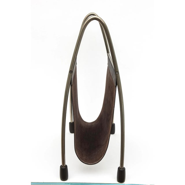 Modern Swing Brown Stiched Leather, Stainless Steel and Rubber Feet Magazine Stand For Sale - Image 10 of 12