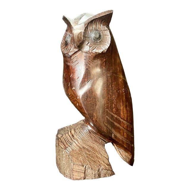 1970s Wooden Wise Owl Statue Carved From a Single Piece of Ironwood For Sale