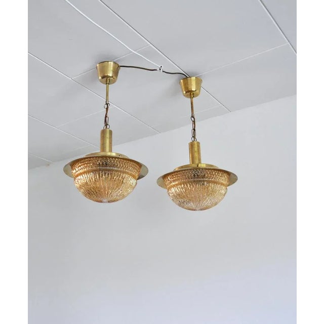 Mid-Century Danish Glass and Brass Chandeliers by Vitrika, Set of 2 For Sale - Image 9 of 17