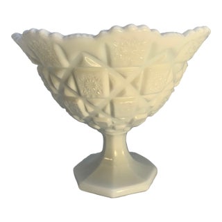 Mid 20th Century Footed Round Bowl Old Quilt Pattern Milk Glass by Westmoreland For Sale