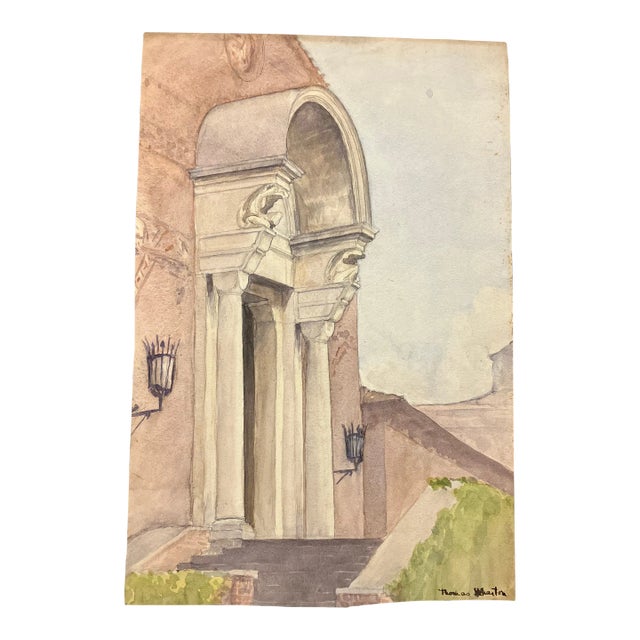 1930’s Regency Style Architectural Watercolor Painting Signed For Sale