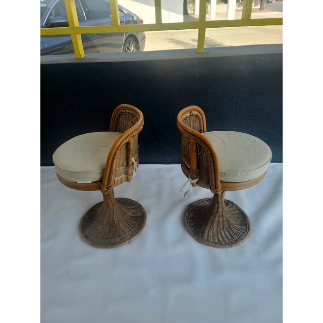 Pair Rattan Wicker Swivel Vanity Stools For Sale - Image 4 of 9