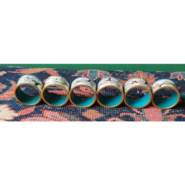 Chinoiserie Vintage Chinese Cloisonne Napkin Rings Brass Enamel Butterfly & Flowers - Set of 6 For Sale - Image 3 of 7