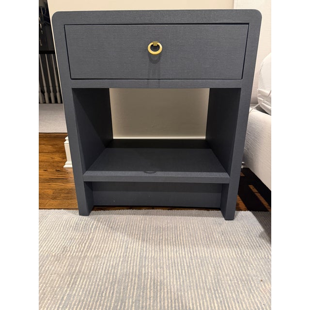 Brand New Villa & House Benjamin Linen 1-Drawer Side Tables in Blue Steel (pair) Form and function come together...