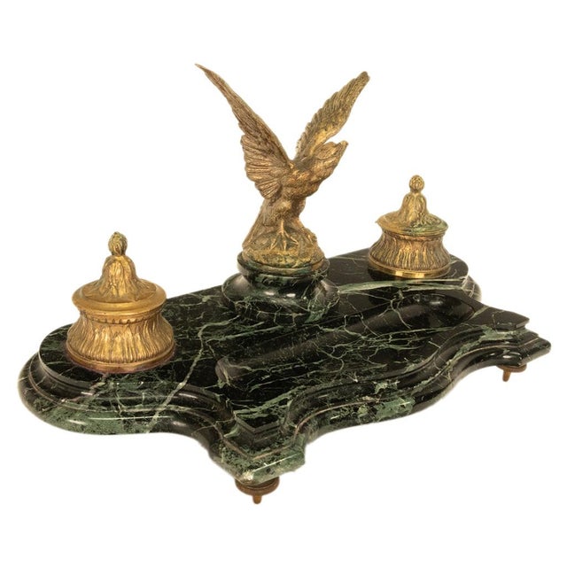 Antique 19thC French Empire Gilt Bronze Marble Eagle Desk Set Twin Inkwell 1880 For Sale - Image 12 of 16