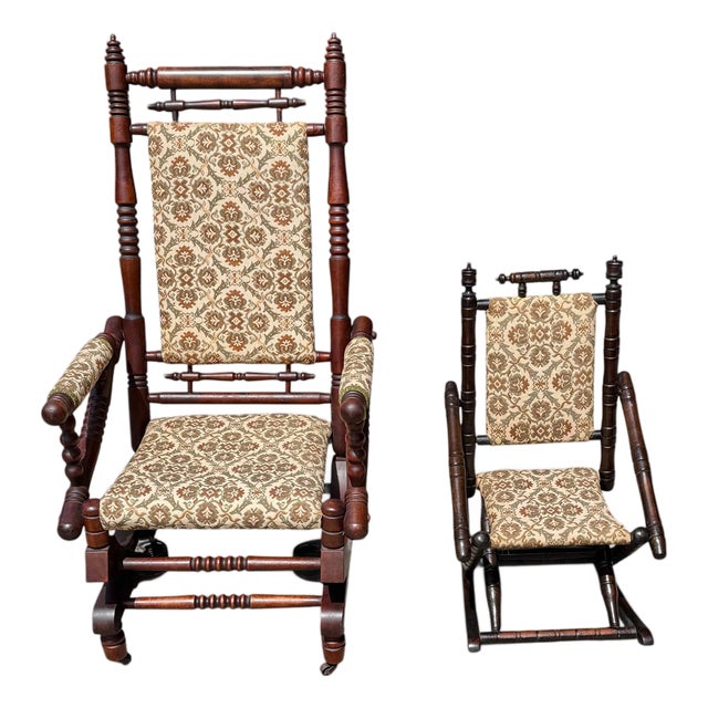 Antique Victorian Mother Child Rocking Chair Set-Spindle Wood-Pair-Nursery-Farm For Sale