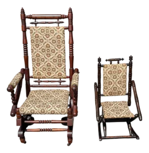 Antique Victorian Mother Child Rocking Chair Set-Spindle Wood-Pair-Nursery-Farm
