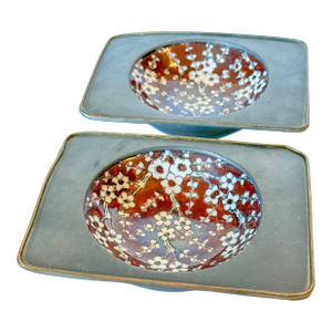Vintage Pewter Encased Brown Flower Chinoiserie Catchall Dishes, a Pair