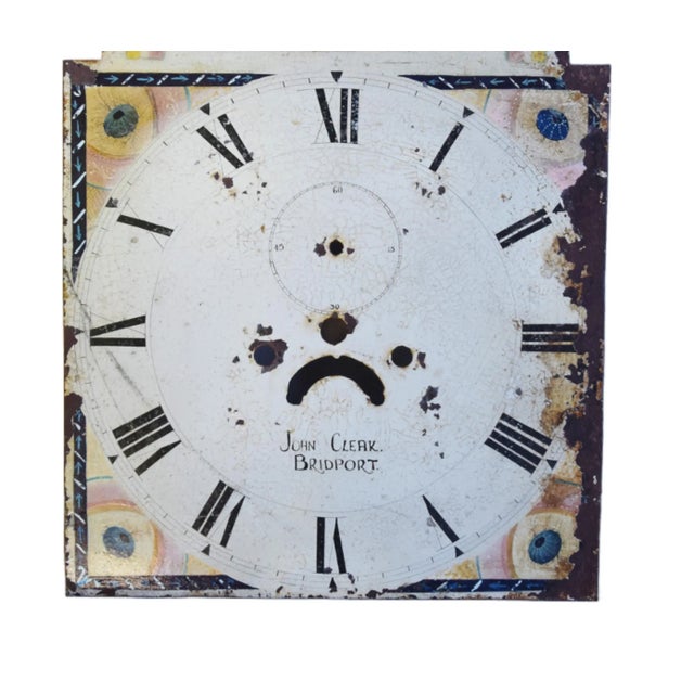 Large early-19th-century English hand-painted metal longcase grandfather clock face depicting a romantic floral scene....