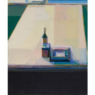 Vert Table No. 1 by Hiroshi Sato | Acrylic on Canvas Still life of a bottle and a box on a table For Sale