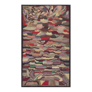 1880s Traditional American Geometric Folk Art Multicolor Antique Hooked Wool Rug For Sale