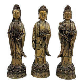 Mid 20th Century Antique Chinese Bronze Western Three Saints Buddha Statue For Sale