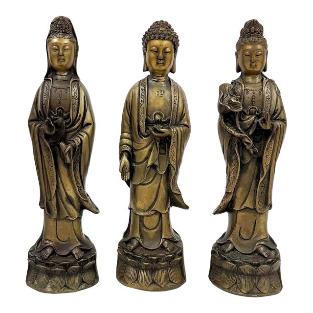 Mid 20th Century Antique Chinese Bronze Western Three Saints Buddha Statue For Sale