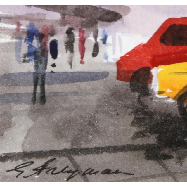 NYC Taxi Erik Freyman Size: 3.25 in. x 4.5 in. Watercolor on paper, signed in pen This is a watercolor painting depicting...