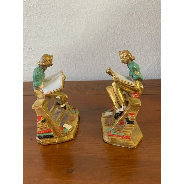 Art Deco Vintage “Bookworm” Figural Cast Iron Bookends – Reading Scholar Pair For Sale - Image 3 of 9