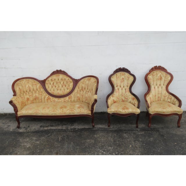 Victorian Victorian Kimball Carved Mahogany Sofa and 3 Chairs Set of Four 6220 For Sale - Image 3 of 18