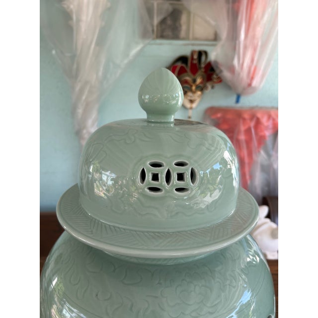 Late 20th Century Pair of Celadon Pierced Ginger Jars With Finial Lids For Sale - Image 10 of 10