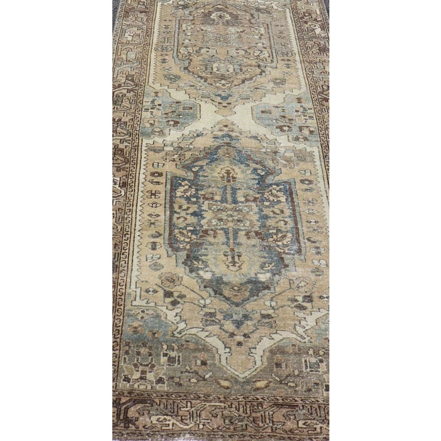 Long Antique Persian Malayer Runner With Geometric Medallion Design in Blue, light brown, Taupe and Tan Measures: 3'5 x...