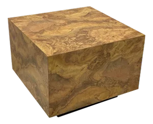 Milo Baughman Style Modern Faux Burlwood Laminate Cube Coffee Table