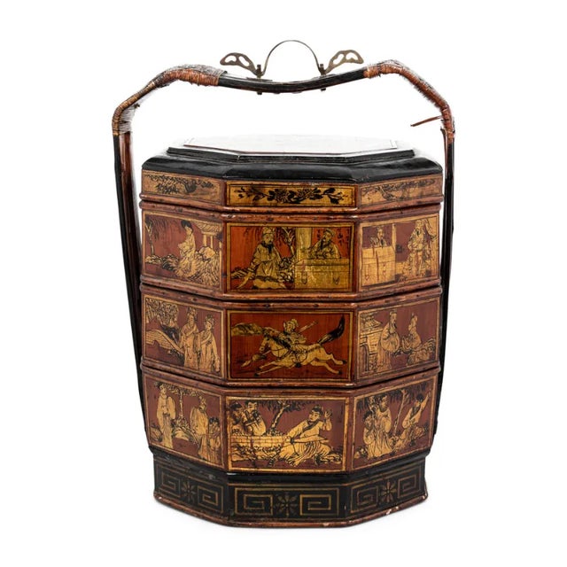 Vintage Chinese Hand Painted 3 Tier Wedding Basket/Lunch Box For Sale - Image 4 of 4