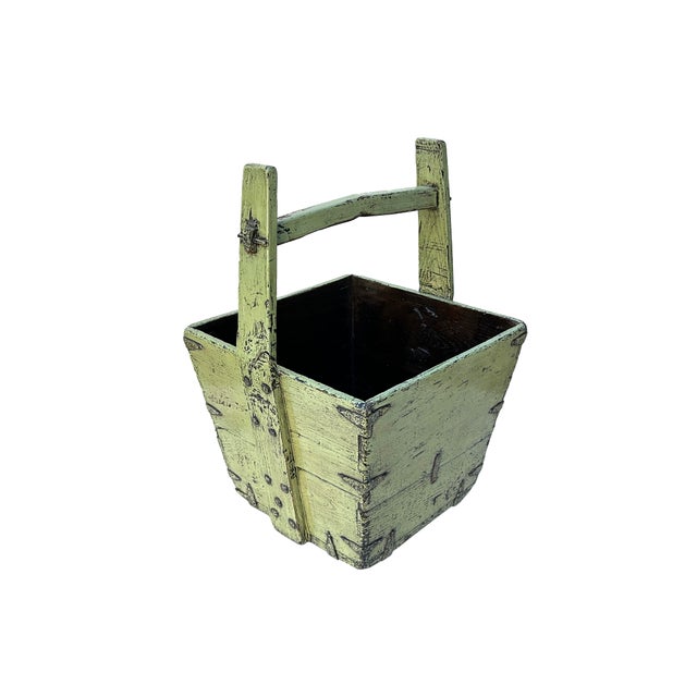1990s Vintage Rustic Light Fade Green Square With Handle Wood Bucket For Sale - Image 5 of 5