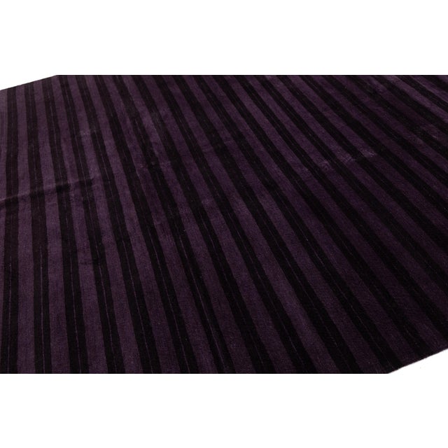 Contemporary Tibetan Hand-Knotted Wool and Silk Rug With Deep Plum Stripes For Sale In New York - Image 6 of 10