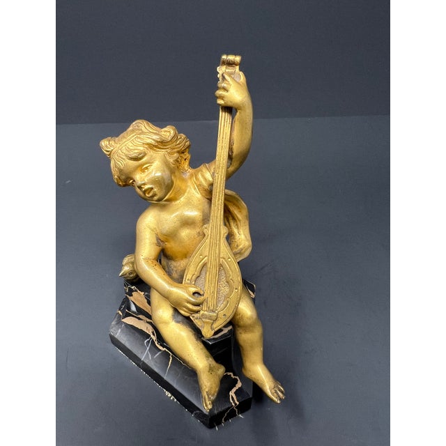 Stone 19th Century French Gilt Metal Cherub With Lyre on Black Marble Base For Sale - Image 7 of 7