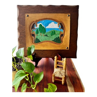 1970s Hand Tooled Leather Landscape Wall Art in Carved Wood Frame For Sale