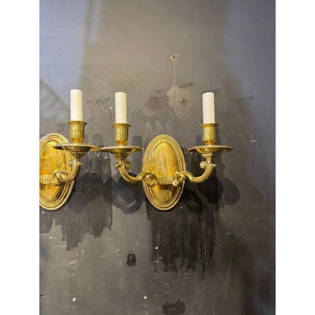 American 1920 Gilt Bronze Colonial Style Sconces Two Lights For Sale - Image 3 of 4