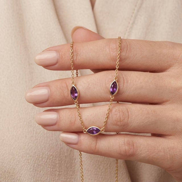 Contemporary Marquise Amethyst Gold Station Necklace | Dainty Purple Gemstone Bezel Chain | February Birthstone Minimalist Jewelry | Delicate Gift for Women For Sale - Image 3 of 3