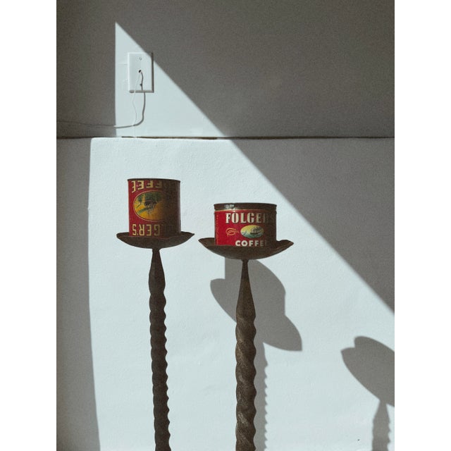 Brutalist Large Heavy Vintage Iron Swirl Floor Candle Holders For Sale - Image 3 of 11