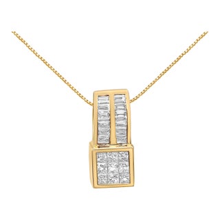 14K Yellow Gold 1 1/4 cttw Princess and Baguette Cut Geometric Inspired Diamond Pendant Necklace (H-I, VS1-VS2) For Sale