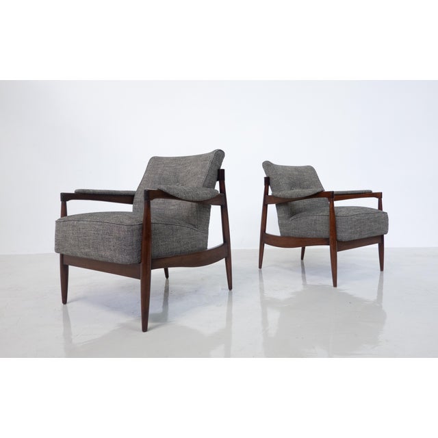 Mid-Century Modern Pair of Armchairs, Wood and Grey Fabric, Italy, 1960s - New Upholstery