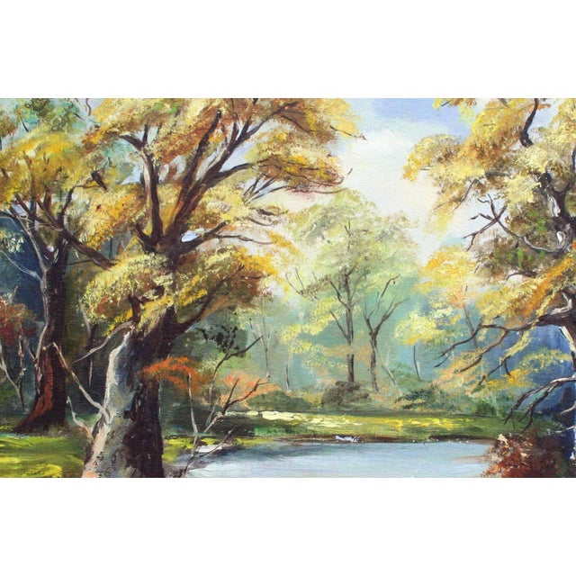 1970s 1970s Yellow Oak Trees Autumn River Landscape Painting For Sale - Image 5 of 6