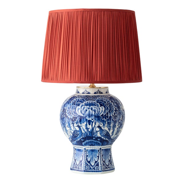 Large Blue and White Hand-Painted Table Lamp with New Terracotta Silk Lampshade from Royal Delft, 1948 For Sale