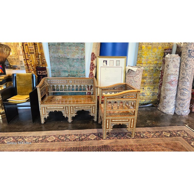 Brown Mosaic Arabesque Bench & Chair Circa 1900 For Sale - Image 8 of 10