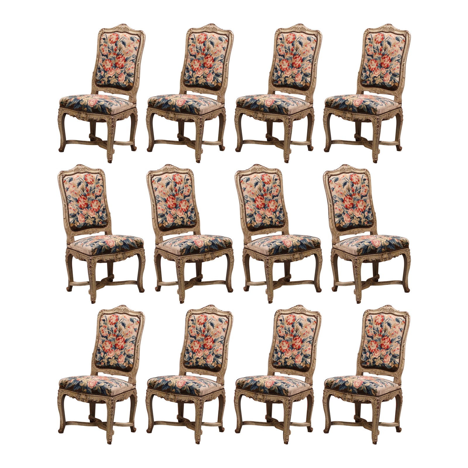 19th Century Carved Painted Dining Room Chairs With Aubusson
