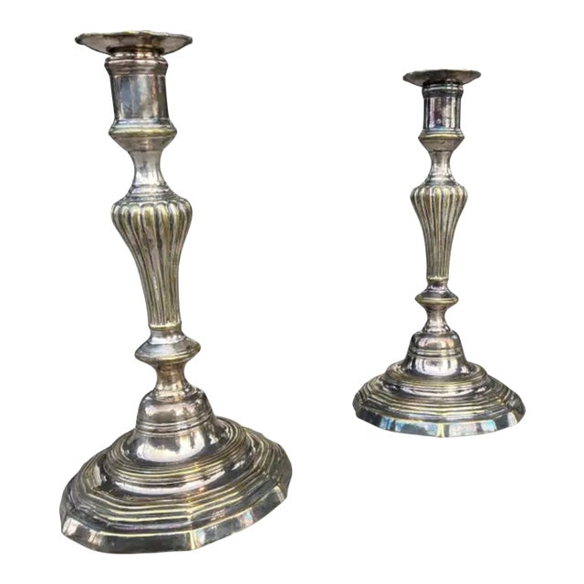 Louis XV Silvered Brass Candlesticks - a Pair For Sale