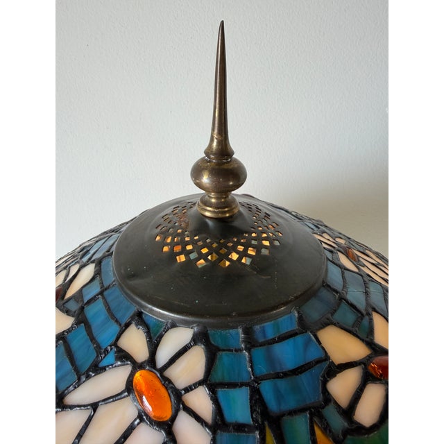 Vintage Adjustable Ratchet Wood Floor Lamp With Tiffany-Style Stained Glass Shade For Sale - Image 11 of 12