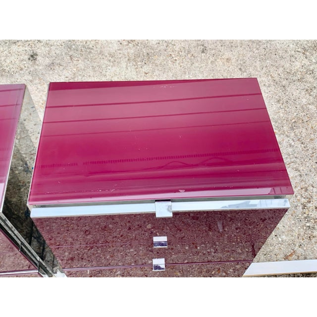 Late 20th Century Vintage Ello Red Glass and Chrome Nighstands-A Pair For Sale - Image 5 of 12
