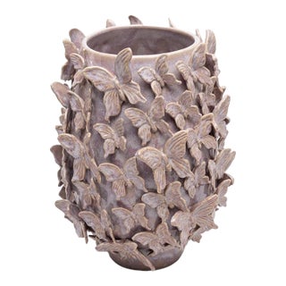 Vintage Italian Hand-Modeled Butterfly Relief Ceramic Vase in Lavender Glaze For Sale