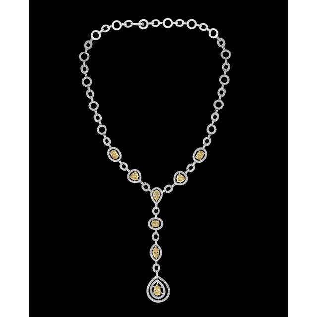Contemporary 8 Yellow Solitaire Diamond and White Diamond Necklace 18 Karat White Gold For Sale - Image 3 of 18