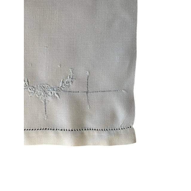 Off-white Vintage Heirloom Linen Guest Towel with Hand Drawn Thread Medallion and Blue Embroidery, Single European Fingertip Towel For Sale - Image 8 of 10