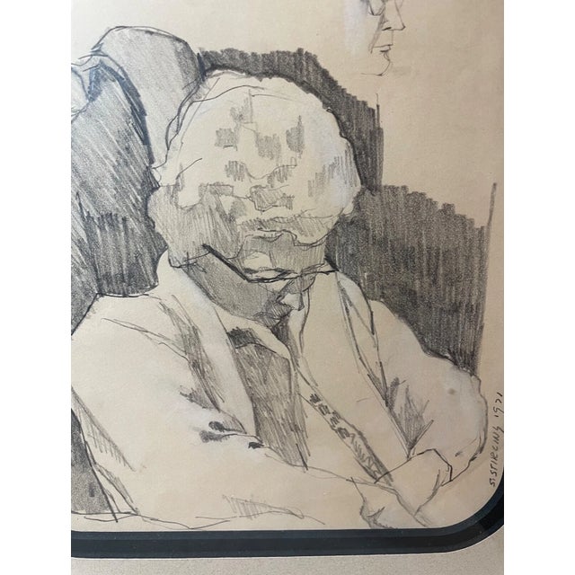 Realism Vintage 1971 Original S Stirling Stylized Pencil Conte Drawing Sketch Elder Lady For Sale - Image 3 of 11