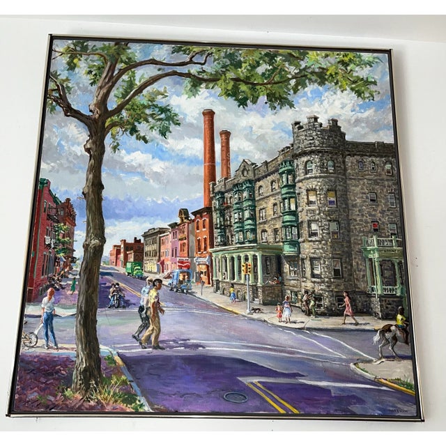 Brown Camden New Jersey Oil on Canvas Cityscape With People by William Hoffman Jr For Sale - Image 8 of 11