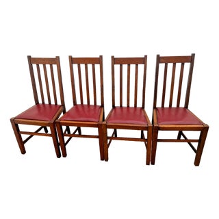 Antique Craftsman Chairs Set of Four, Spindle Back Solid Oak, Maroon Vinyl Seats For Sale