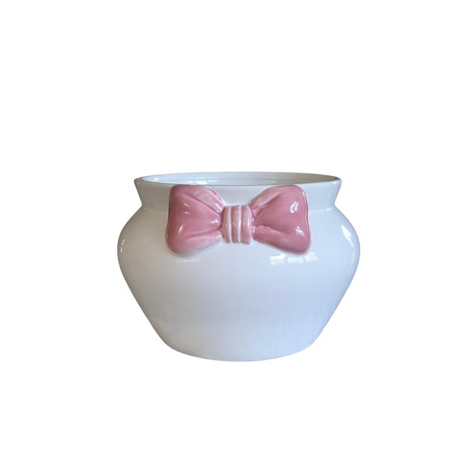 White Grandmillenial White Ceramic Fishbowl Planter With Pink Bow For Sale - Image 8 of 14