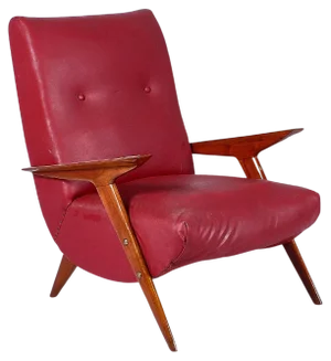 Mid-Century Shaped Wood and Red Leather Armchair by C. Graffi, 1950s